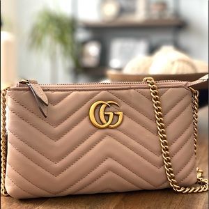 Gucci Porcelain Pink Quilted Mini GG Marmont Crossbody Bag with Gold Chain